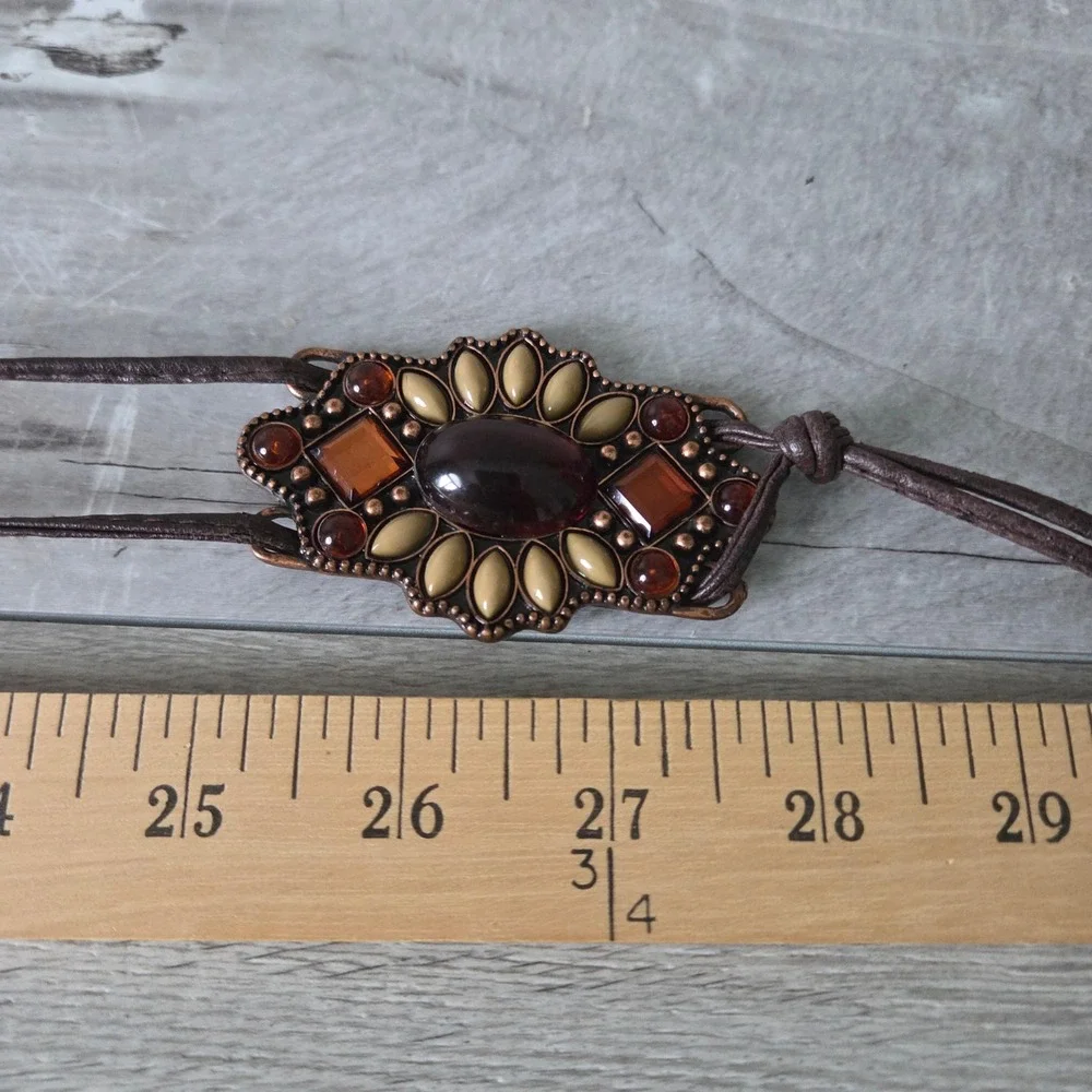 Boho Amber Stone Medallion Tie Belt Brown Faux Leather Western Festival Waist 28
